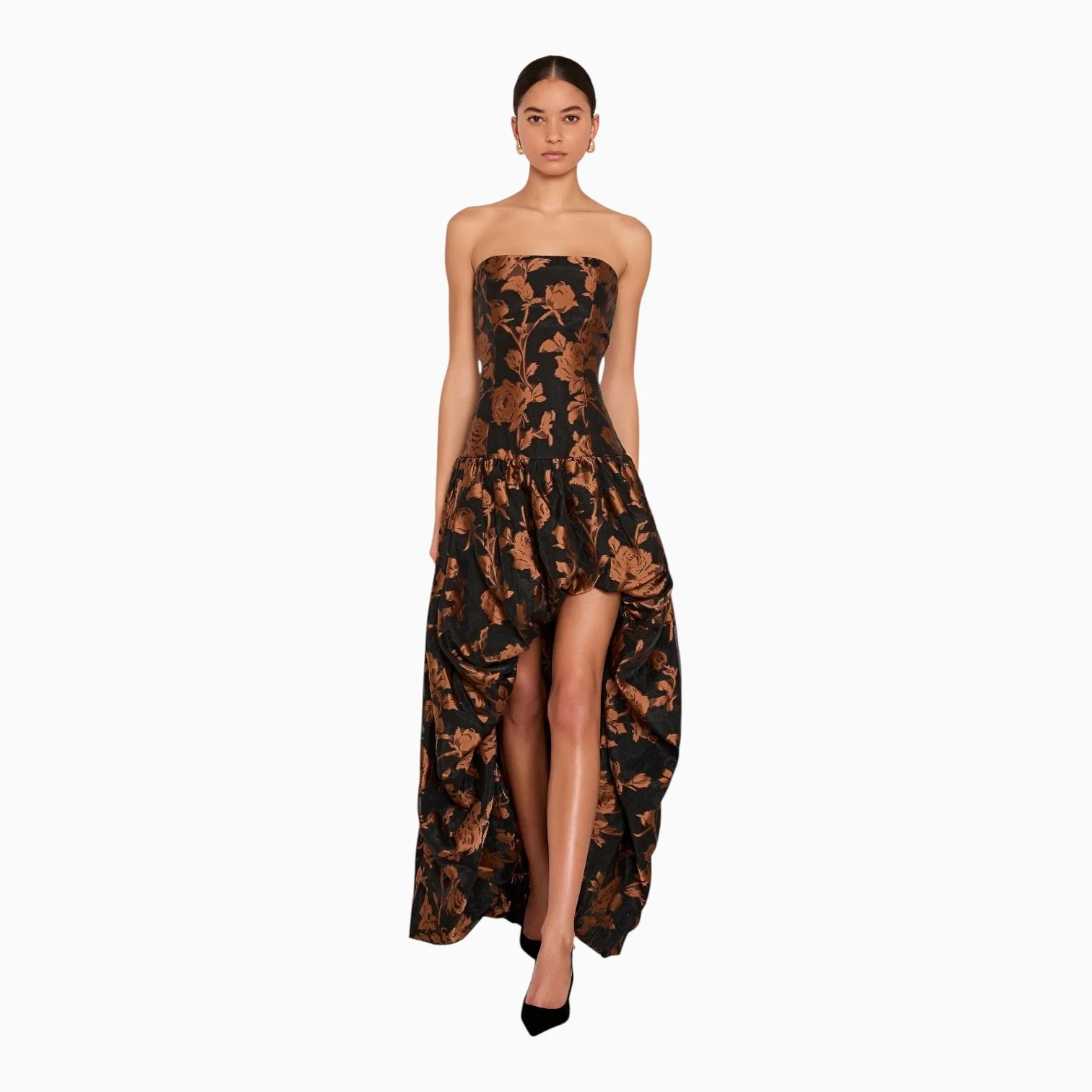 Black & Burnt Orange Strapless Asymmetrical Bubble Hem Maxi Gown