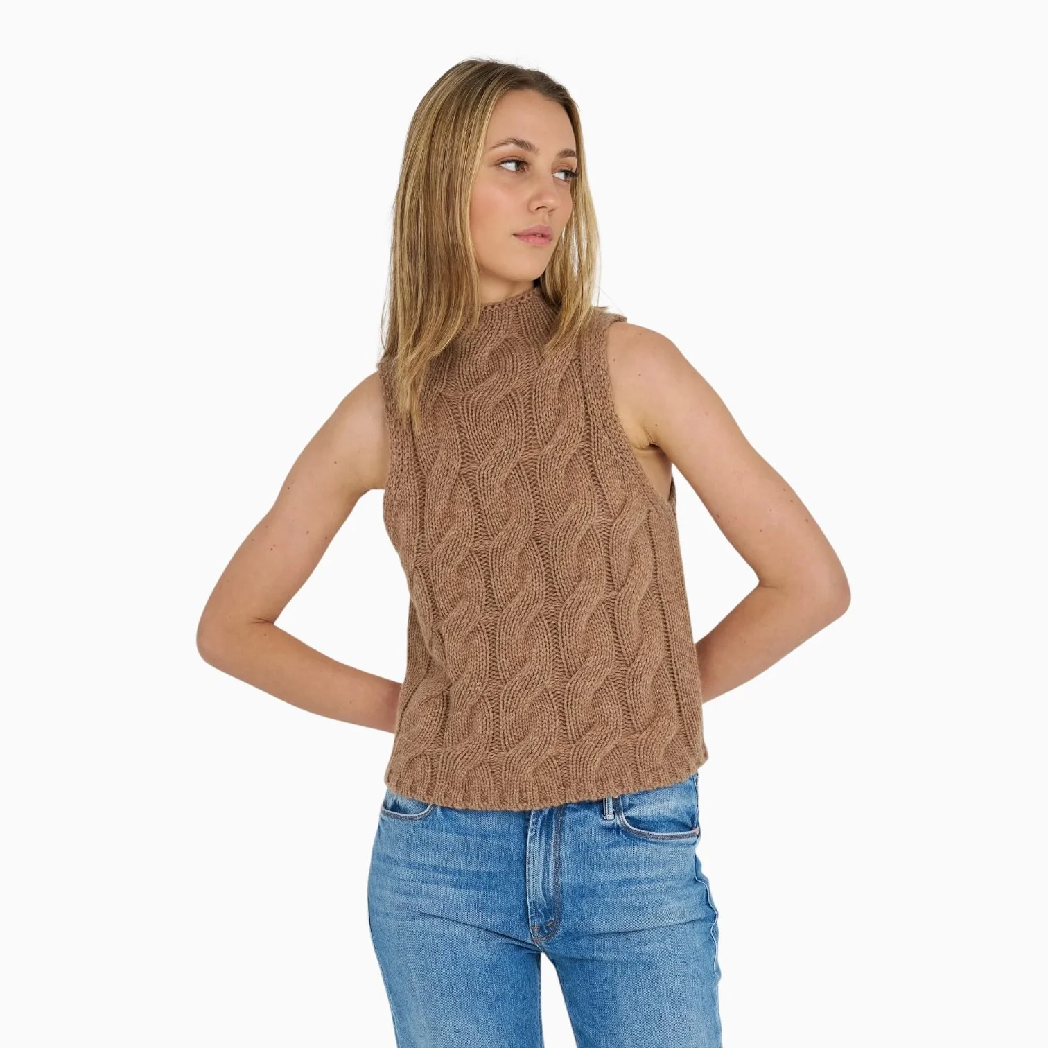 Camel Cashmere Cable Knit Sleeveless Sweater