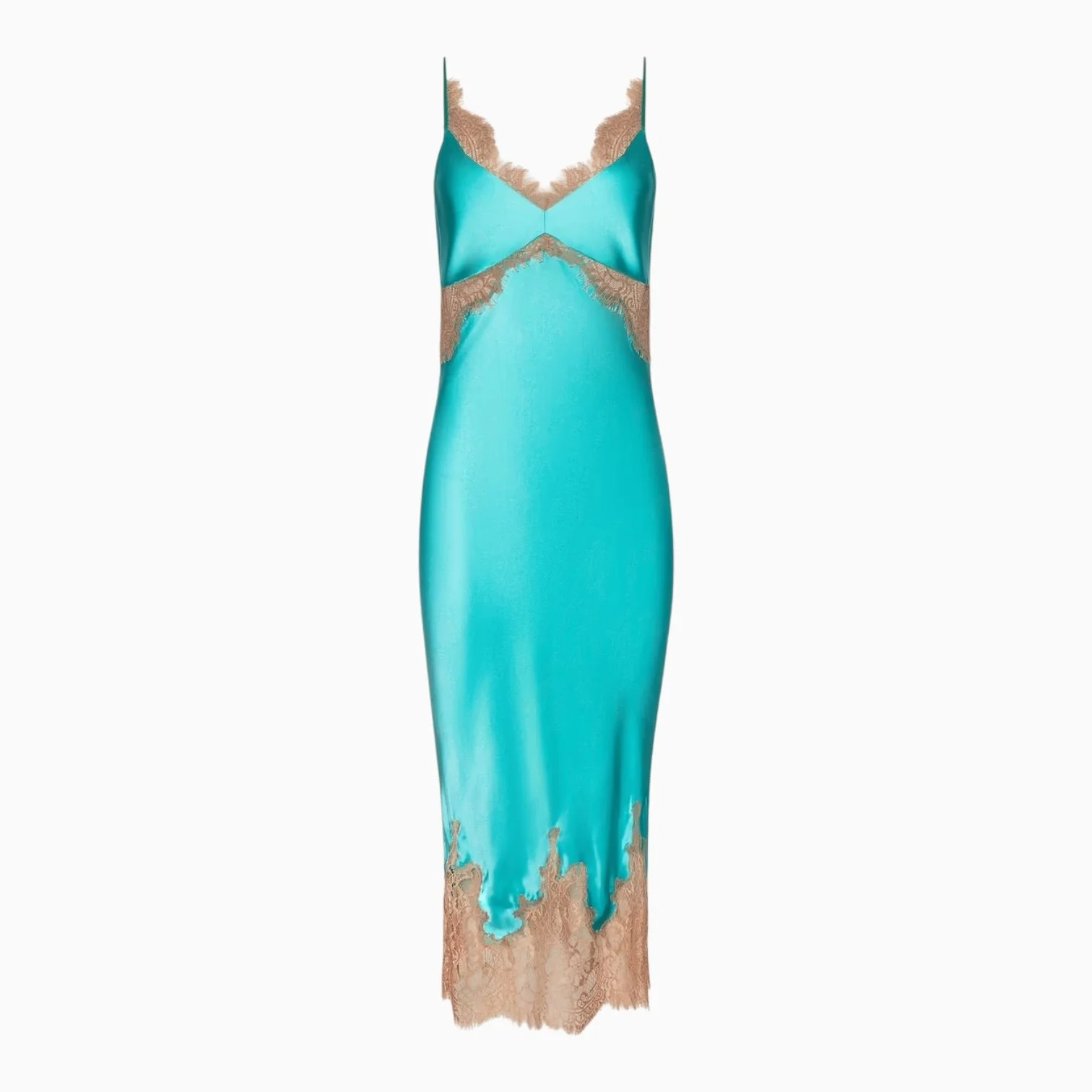 Cyan/Cappuccino Lace Trim Midi Dress