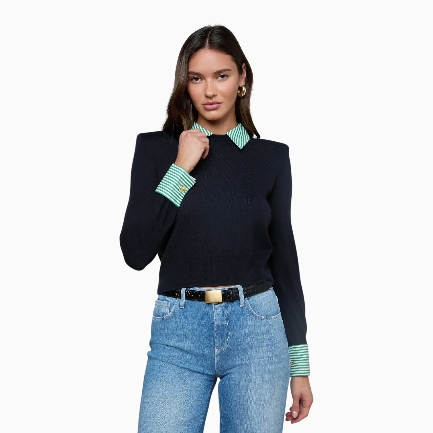 Navy/Green Poplin Collared Pullover