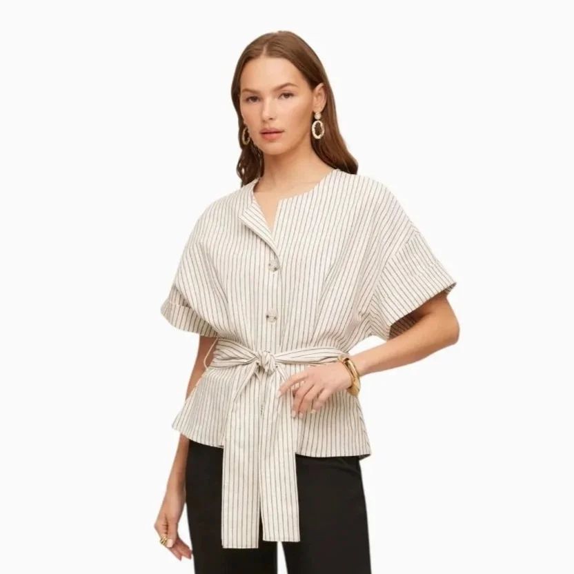 Cream & Black Belted Button Up Top