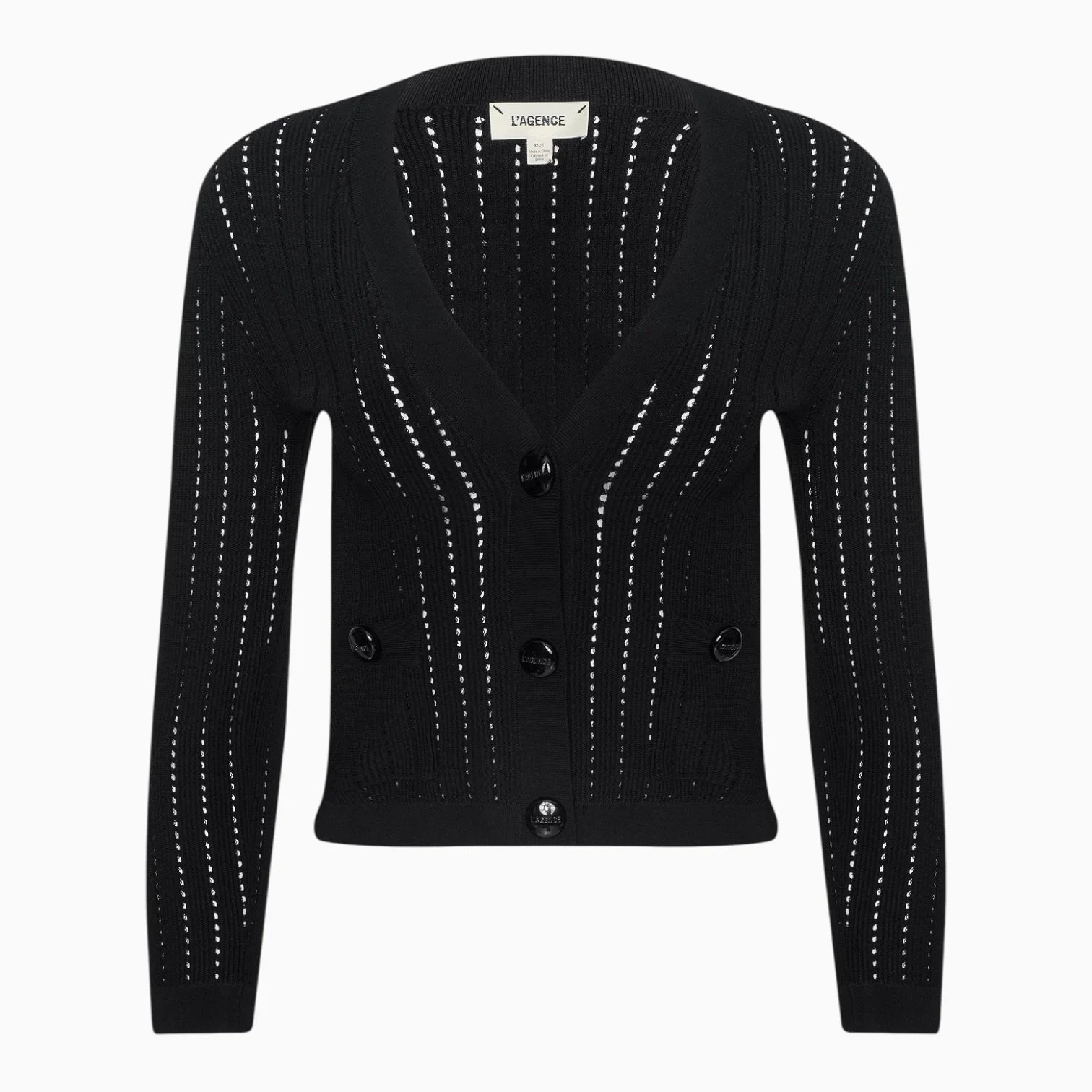 Black Pointelle Cropped Knit Cardigan