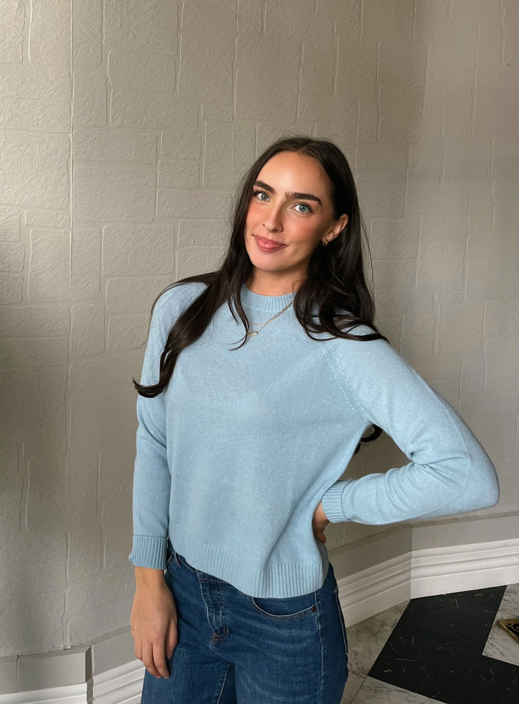 Fresco Blue Cashmere 9gg Long Sleeve Shrunken Crew