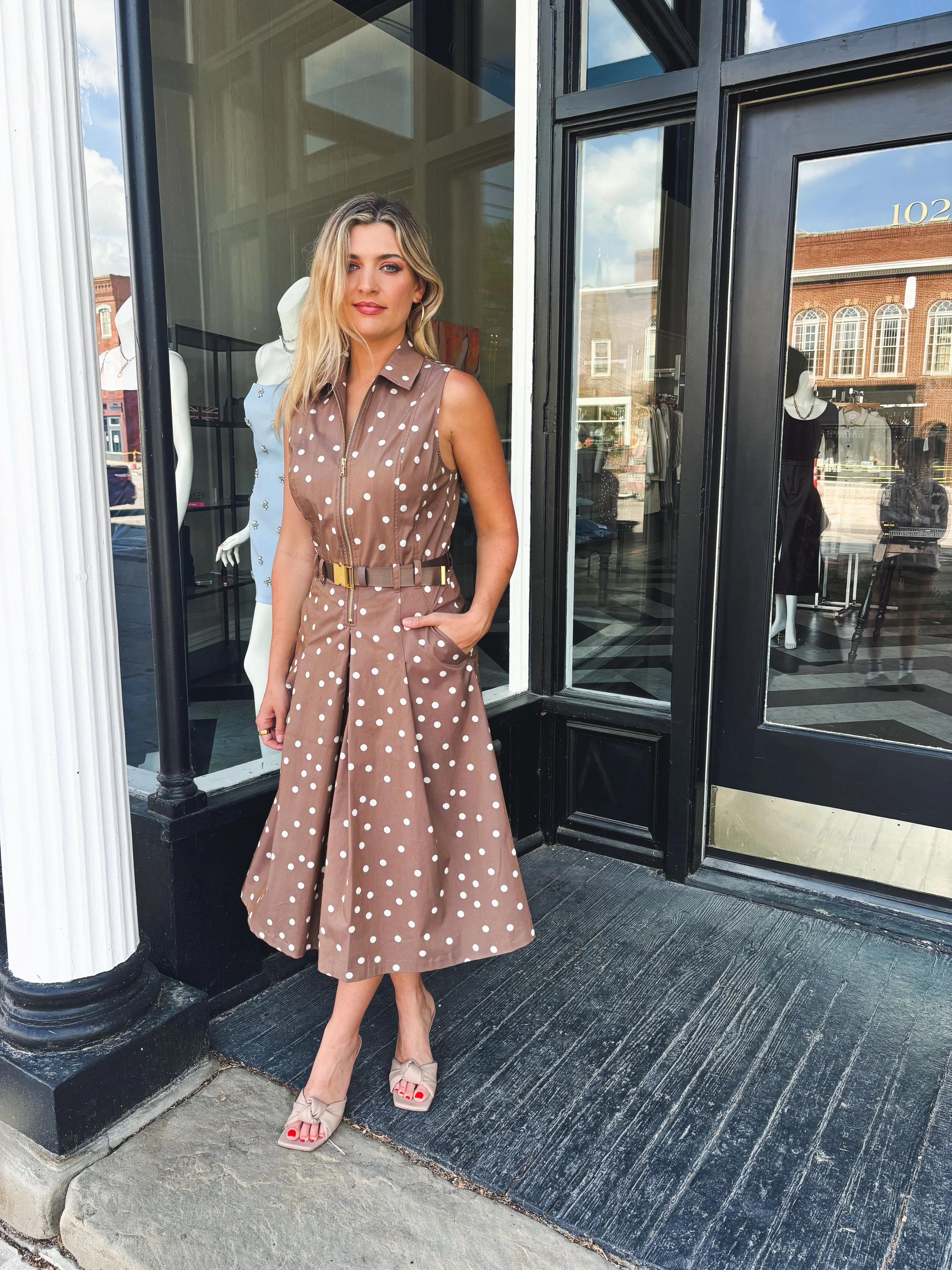 Light Brown/White Polka Dot Belted Midi Shirt Dress