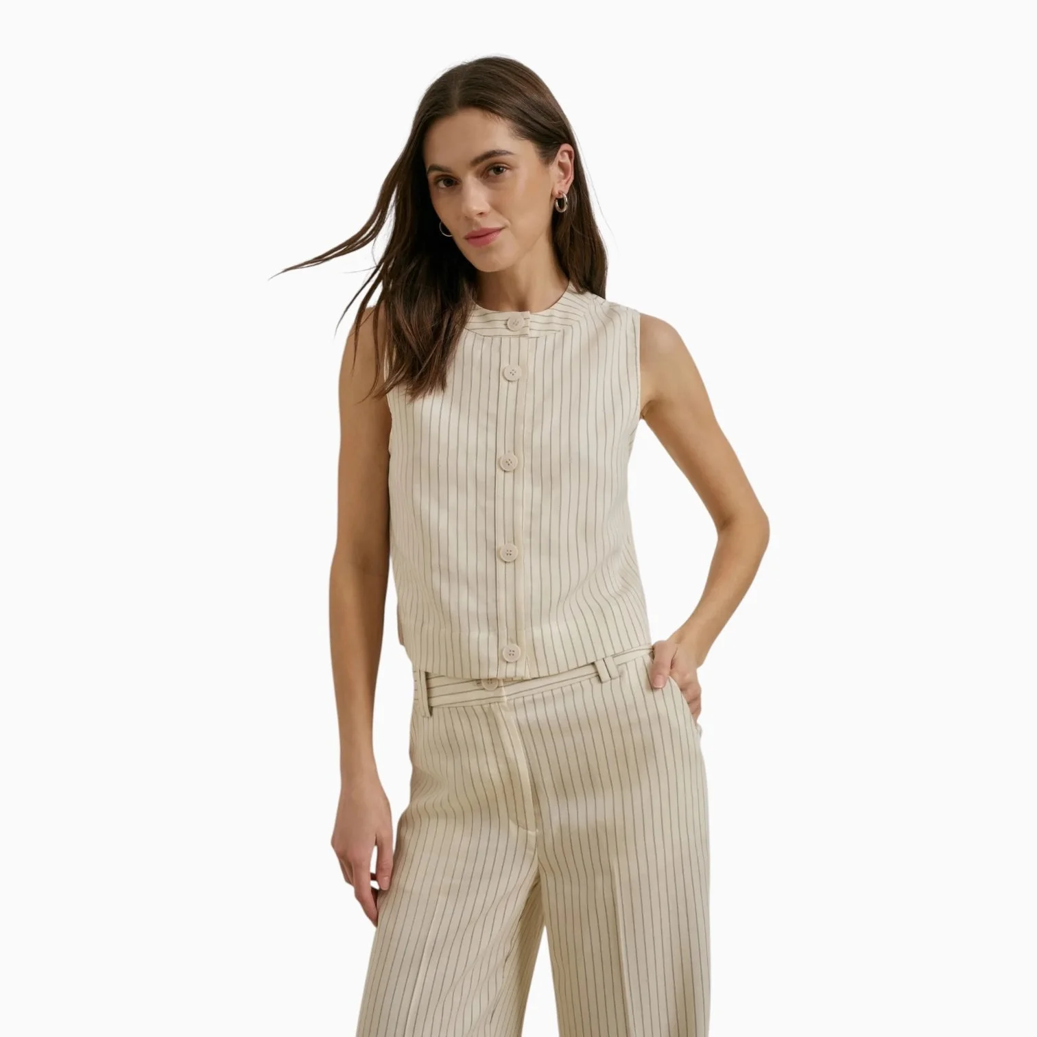 Cream Pinstripe Sleeveless Button Up Top