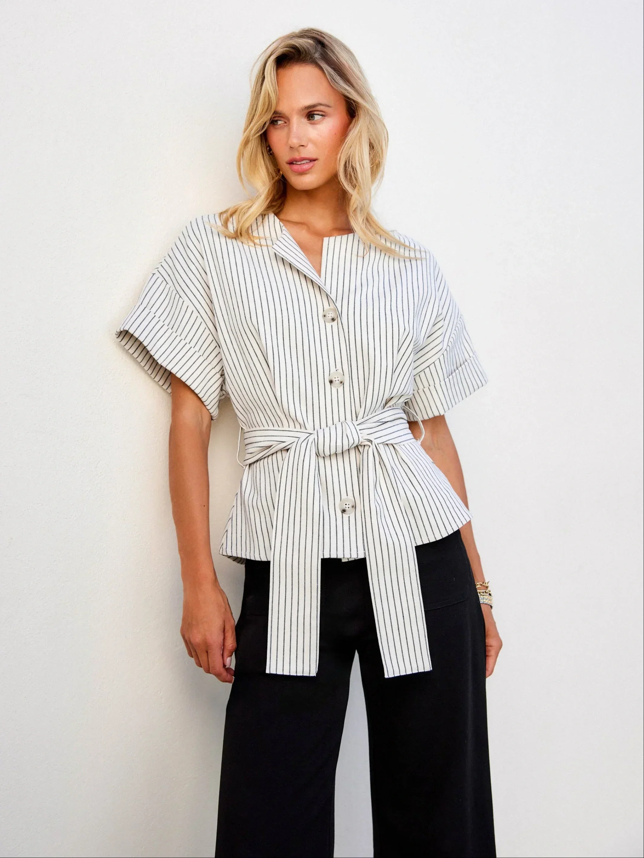 Cream & Black Belted Button Up Top
