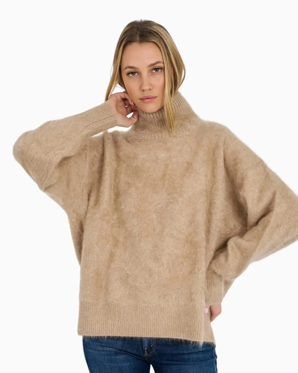 Caramel Oversized Brushed Cashmere Mock Neck Sweater