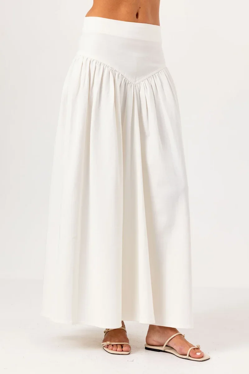 White Denim Drop Waist Maxi Skirt
