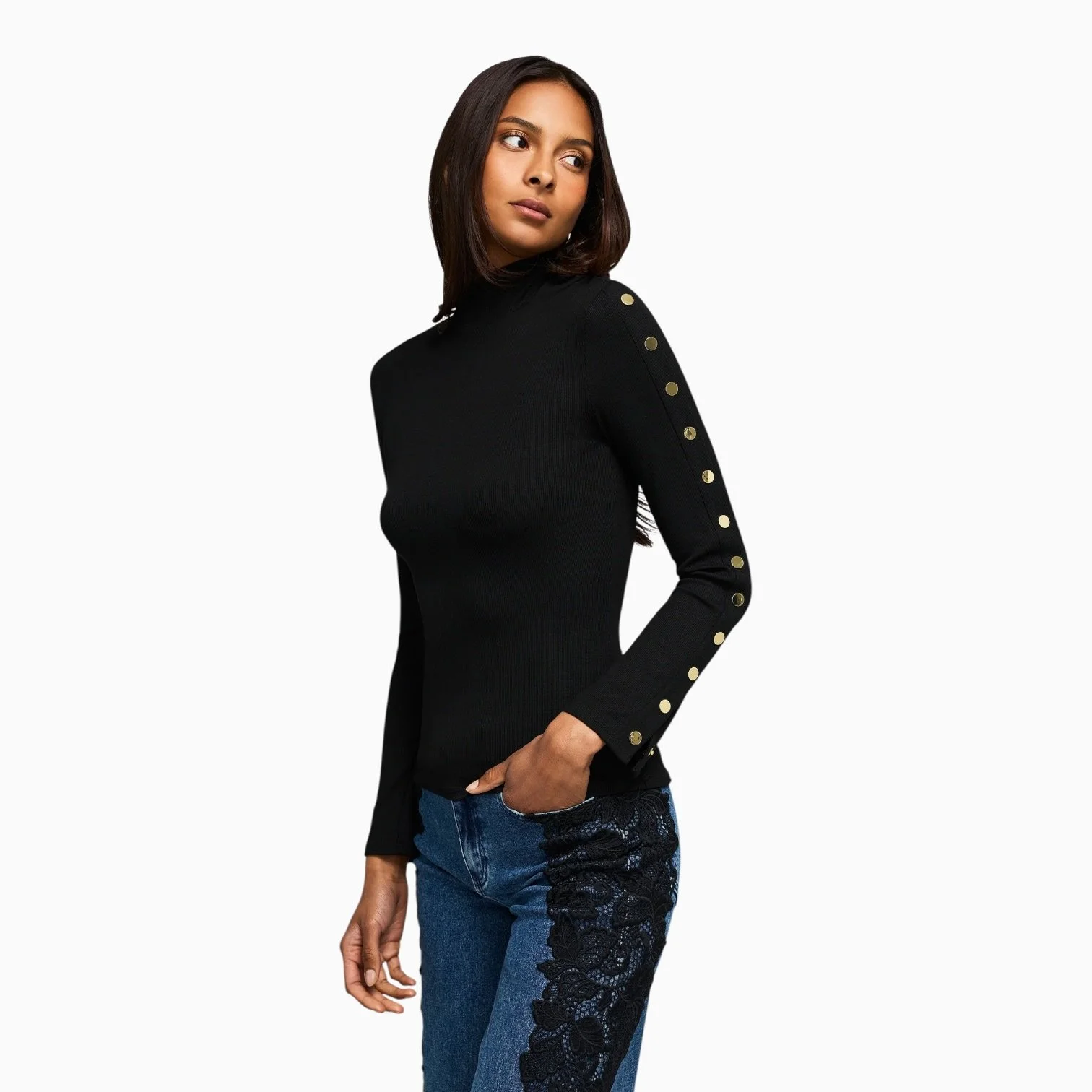 Black Ribbed Long Sleeve Snap Top