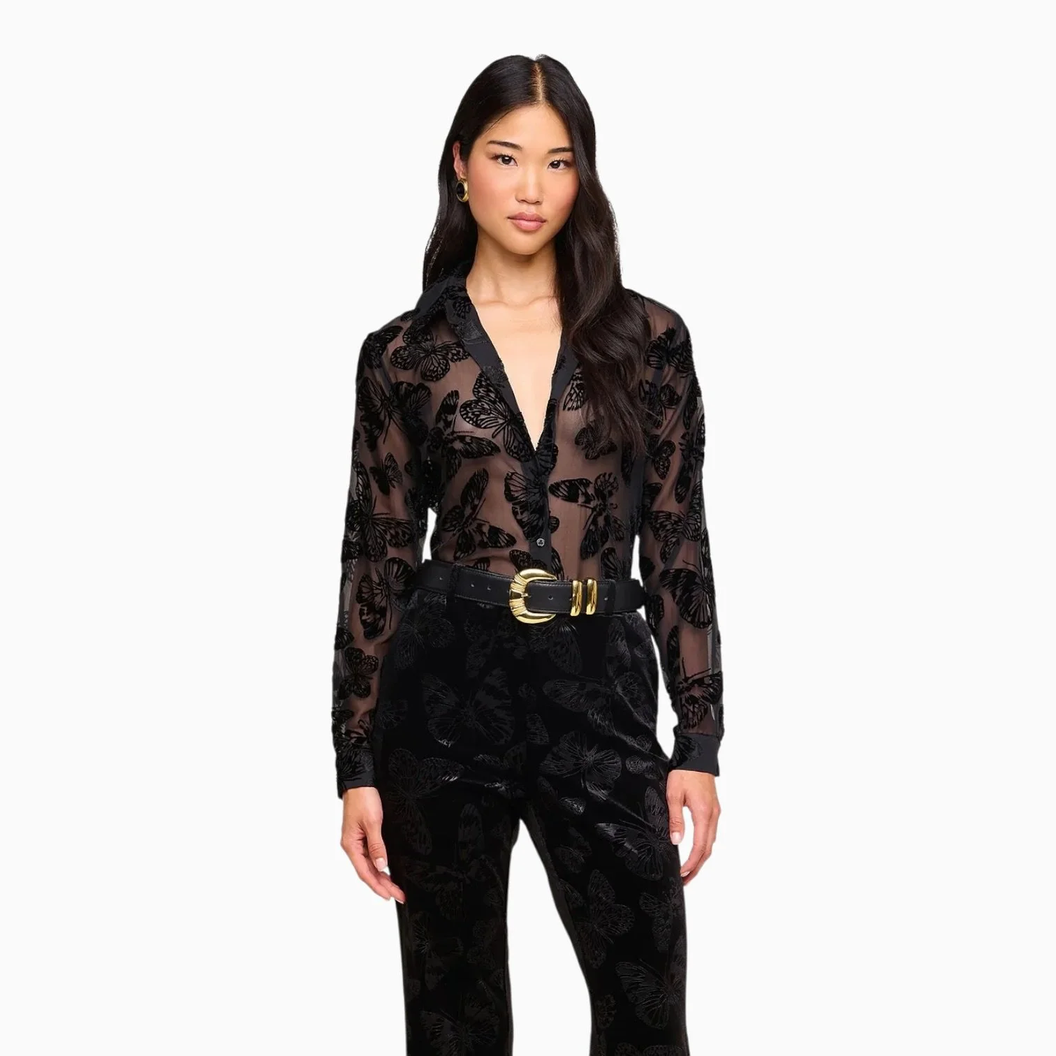 Velvet Black Butterfly Sheer Blouse