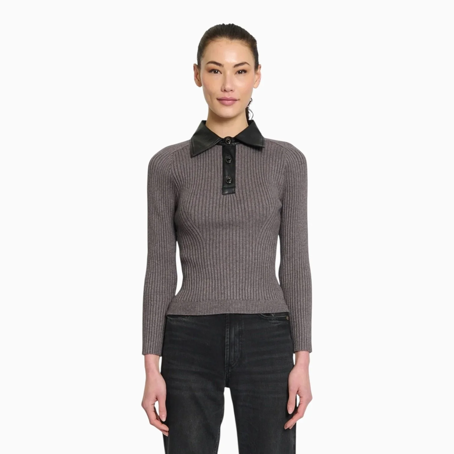 Charcoal Vegan Leather Collar Polo Sweater