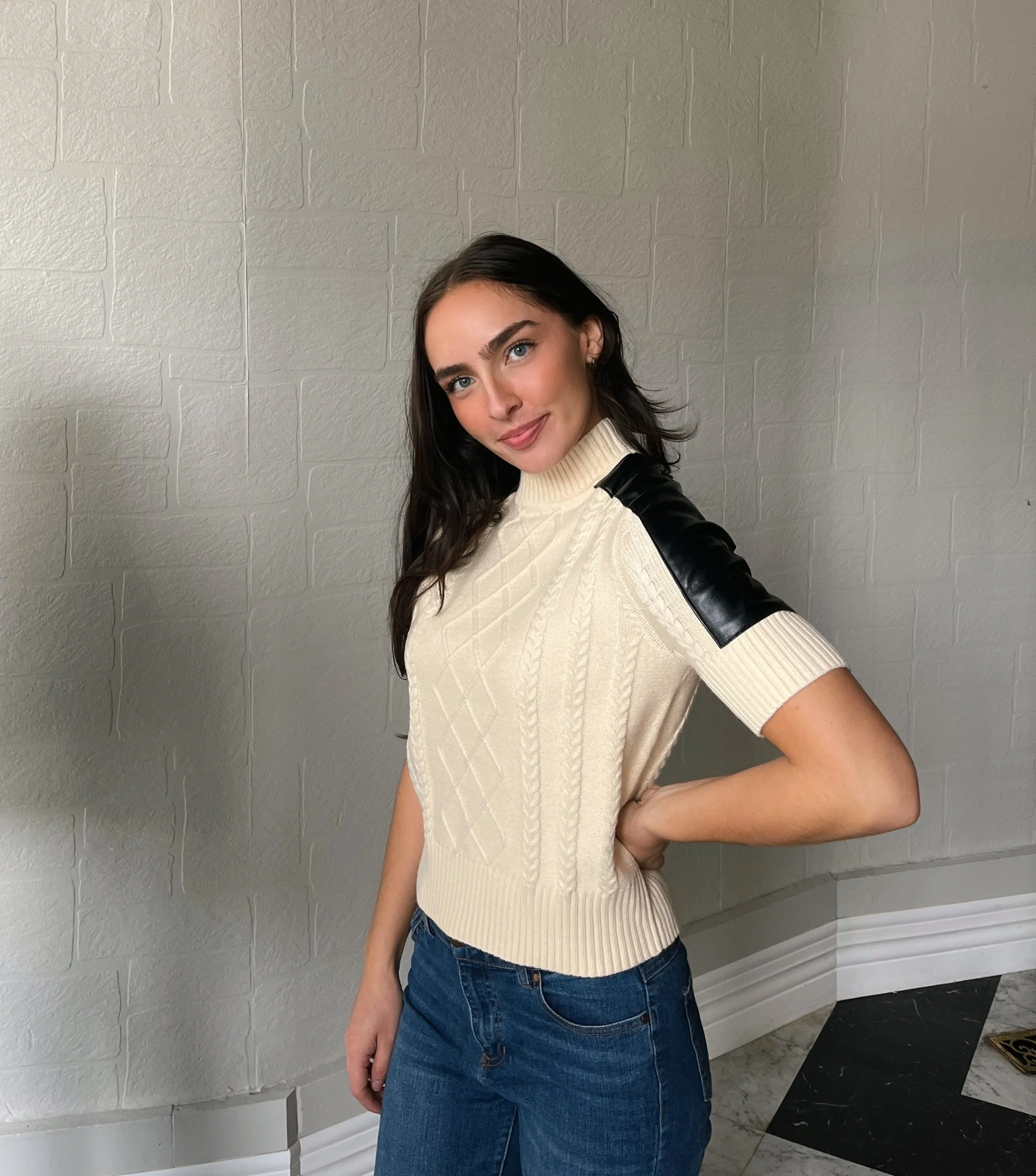 Ivory Cable Crew Sweater, Vegan Leather Detailing