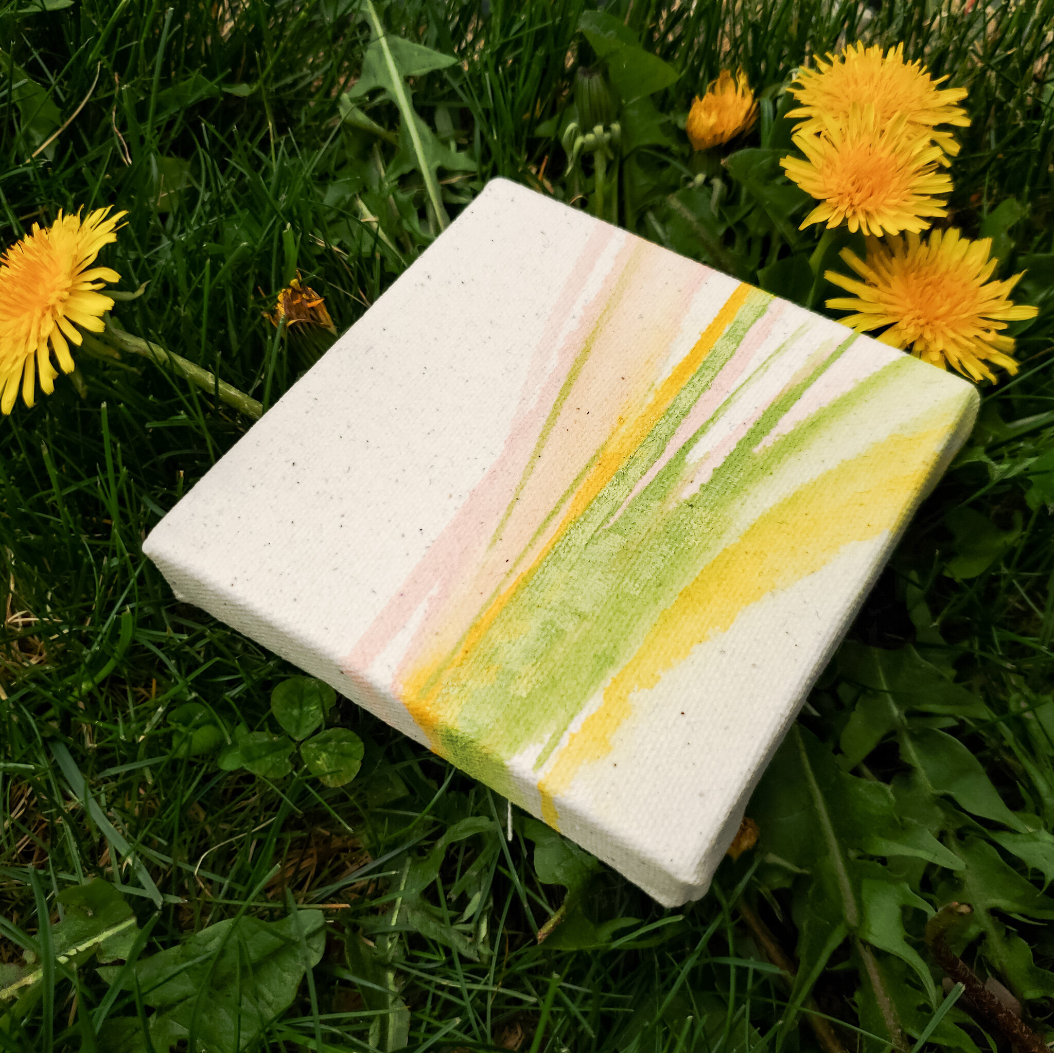 mini abstract landscape painting, bright green, yellow pink color palette