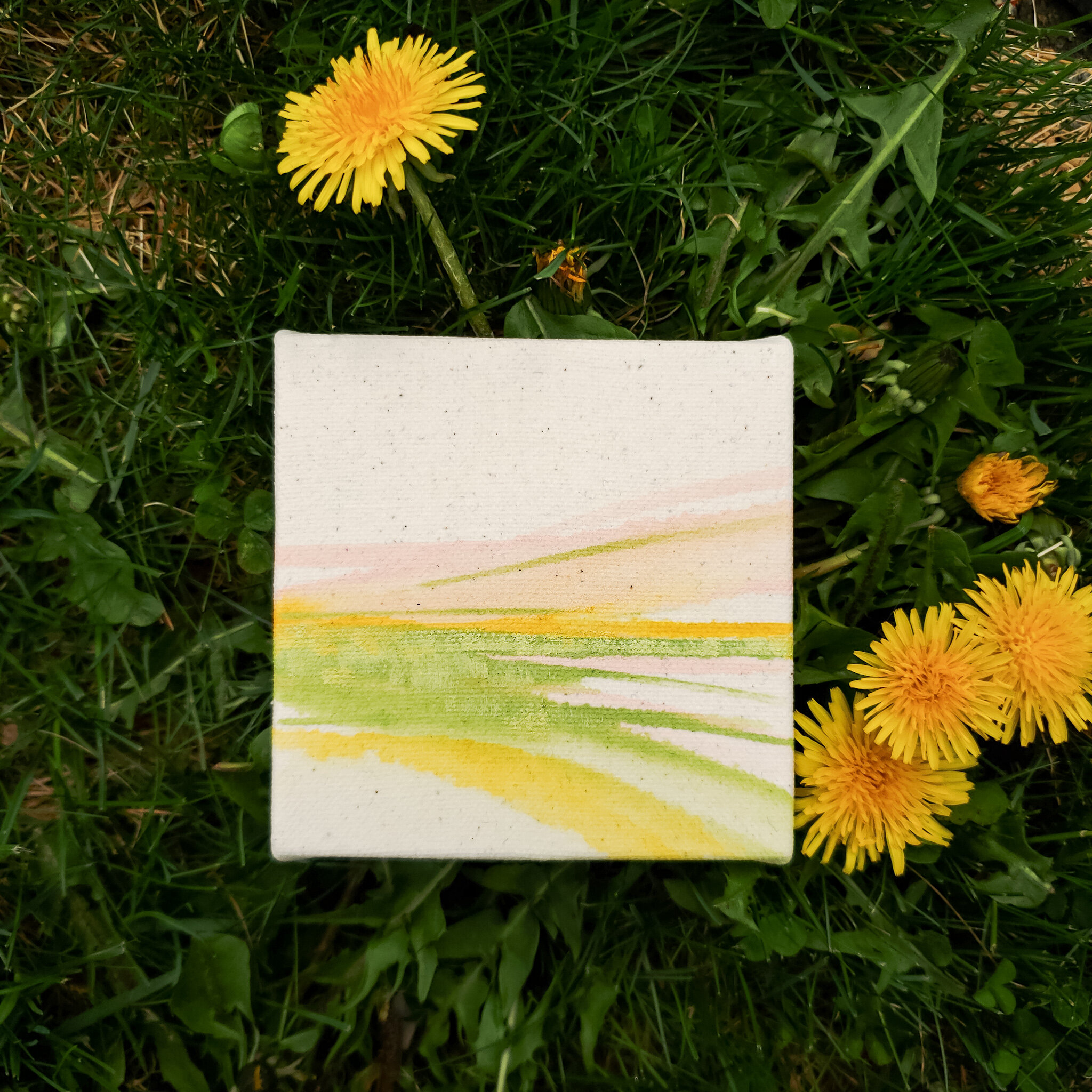 mini abstract landscape painting, bright green, yellow pink color palette
