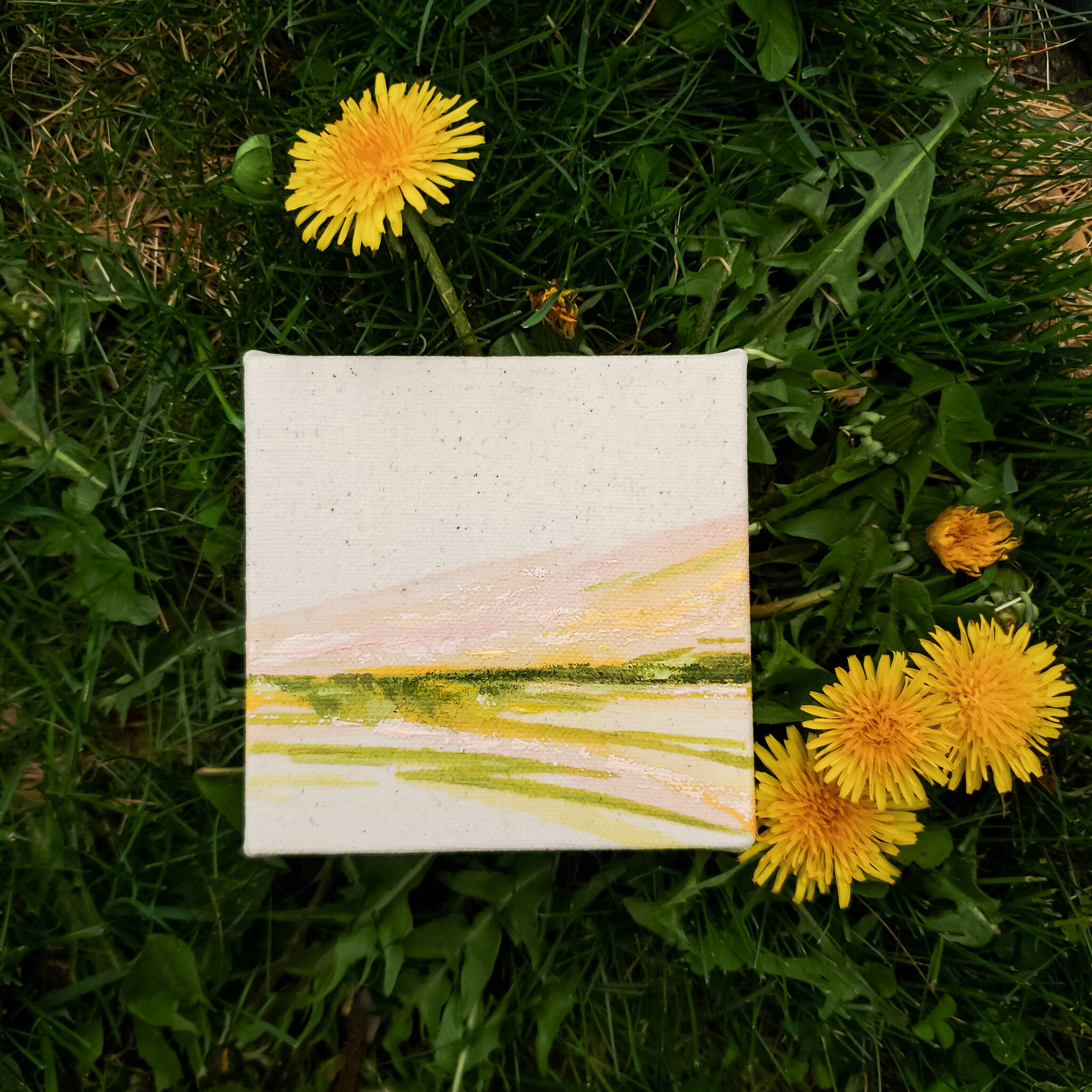 mini abstract landscape painting, bright green, yellow pink color palette