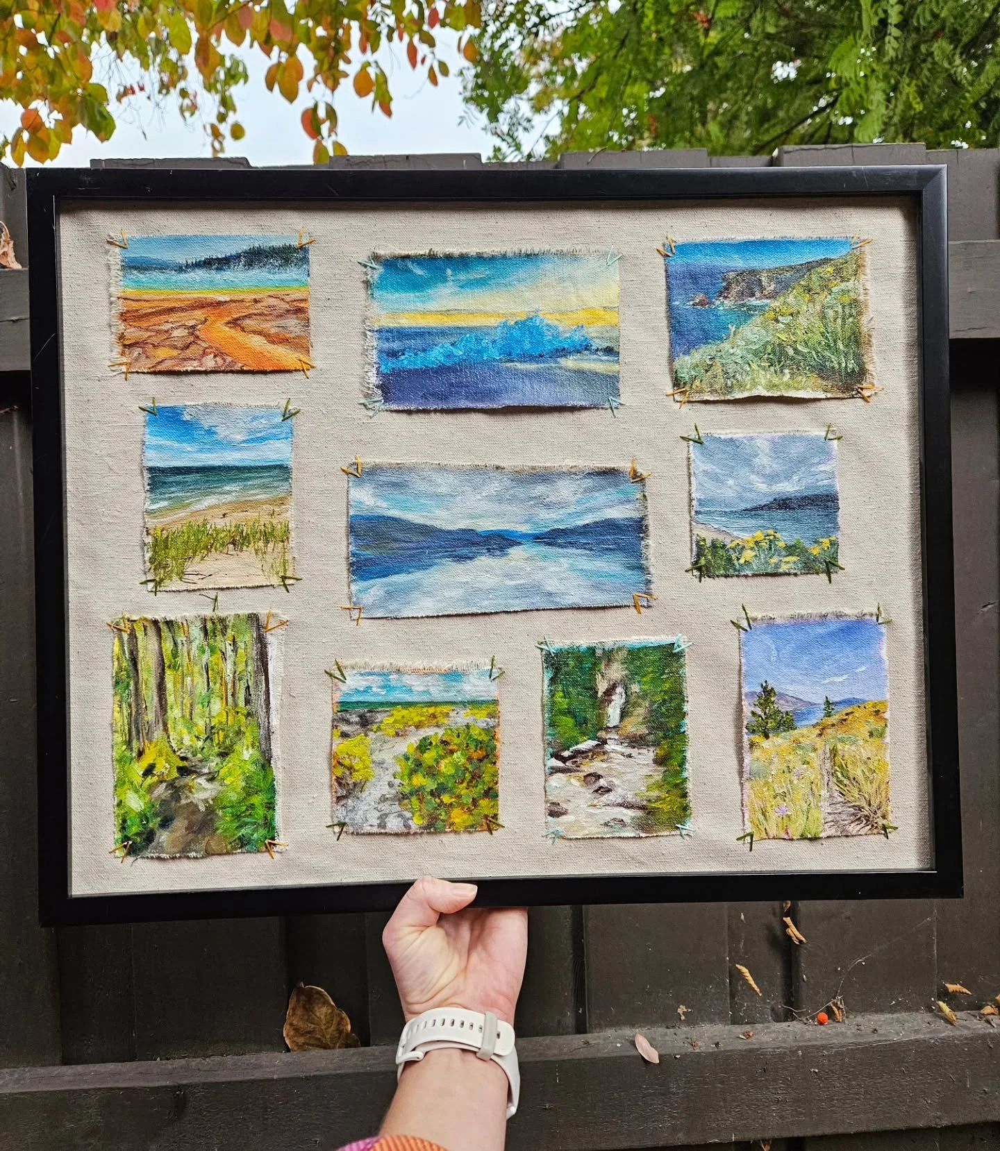 Voila! 10 years of adventures!

I said I'd &quot;share this tomorrow&quot; like 4 days ago! 😅 we got sick. Here's the completed piece. I stitched each canvas scrap onto a larger piece of canvas with embroidery thread and mounted it into a frame from