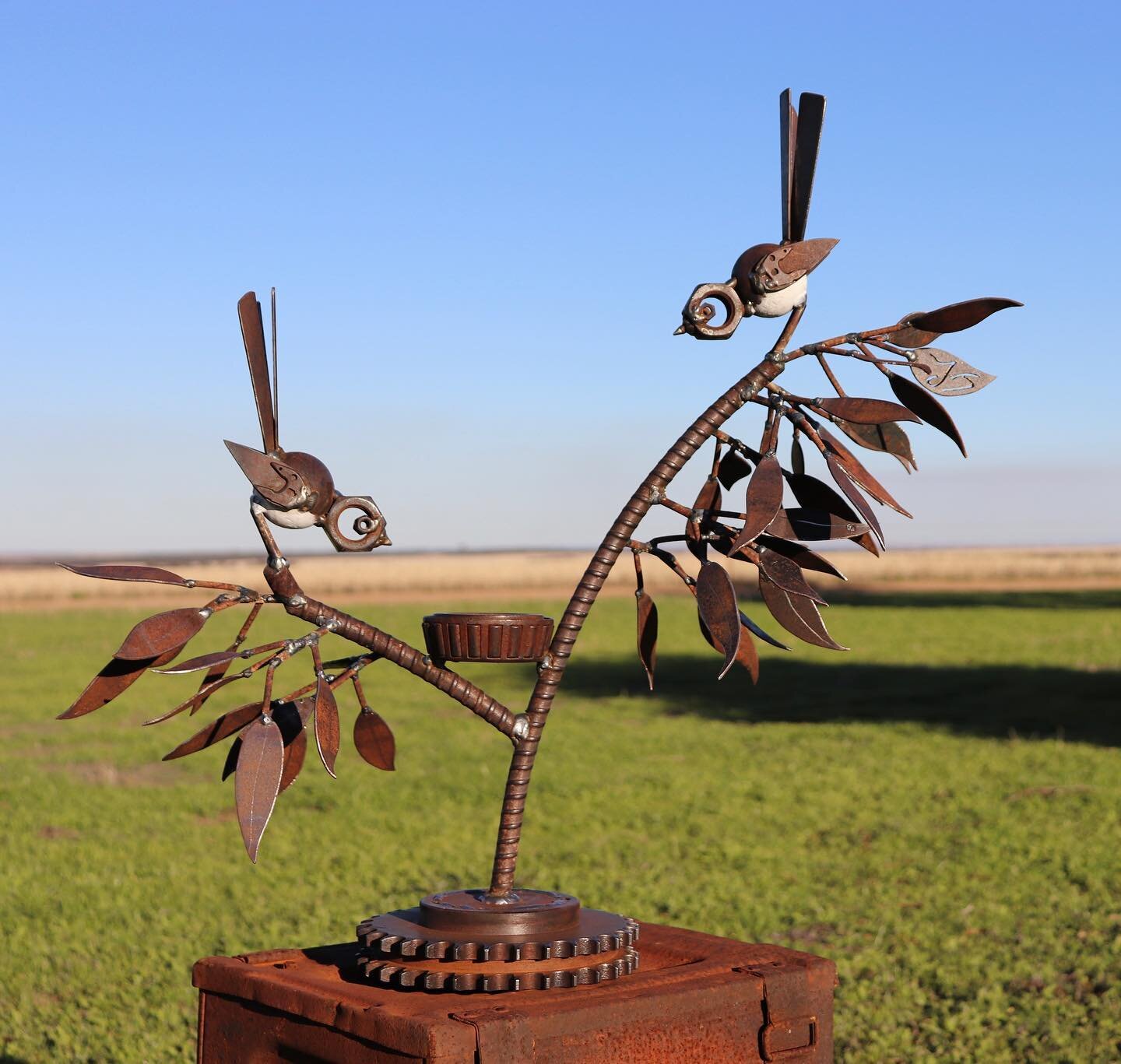 Perched on a gum branch, a proud pair of wagtail parents cheerfully admire their new little family.

I&rsquo;ve done a few wagtail pieces over the years, and they are still one of the most popular pieces!

&ldquo;A Watchful Eye&rdquo; (2022): Constru