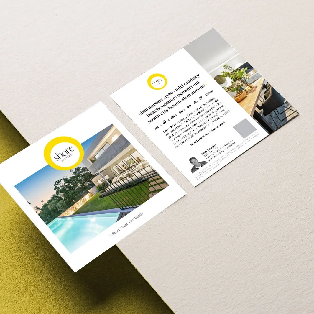 Real estate flyers for Shore Properties, featuring images of a modern house with a pool and a sleek interior, against a yellow and white background.
