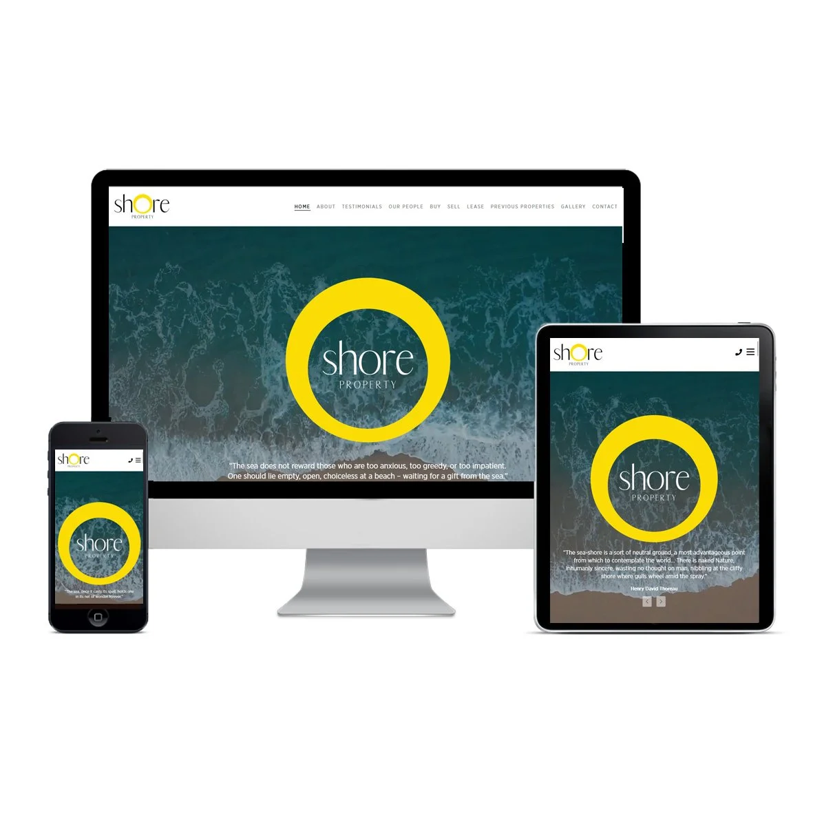 Responsive website displayed on a smartphone, tablet, and desktop with a theme of ocean waves and a yellow circle logo with the text 'shore PROPERTY'.