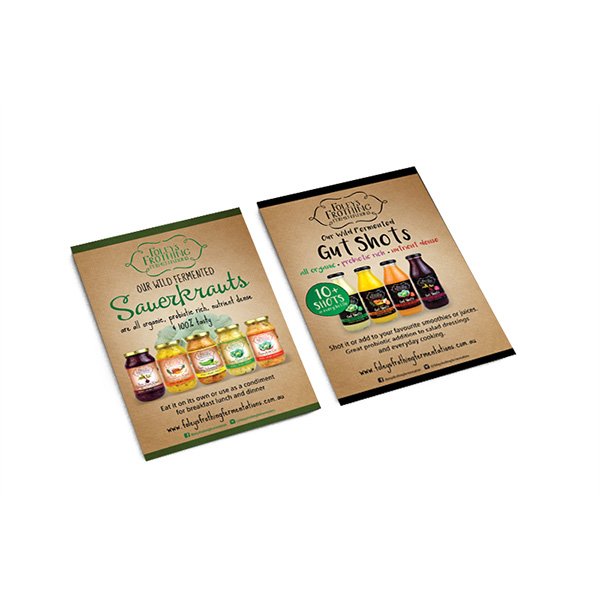 Brochure and Flyer Design, Perth. Two vintage-style flyers promoting fermented food products: one for sauerkraut and one for gut shot beverages, with colorful jars and bottles.