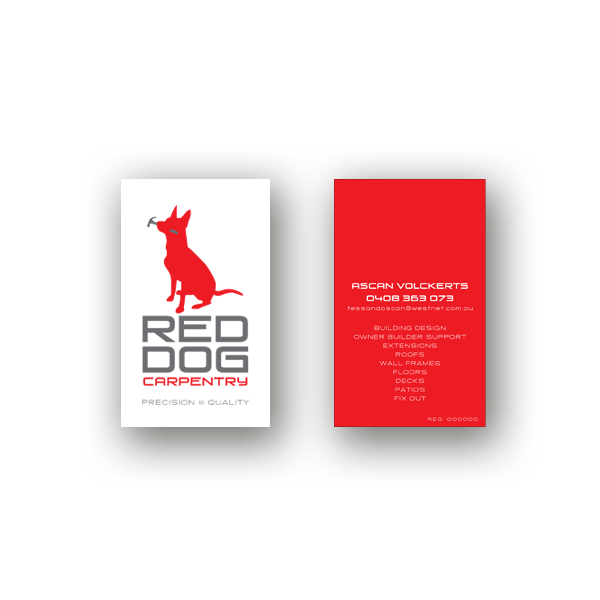 Business cards for Red Dog Carpentry; one card shows a red dog silhouette with the text "Red Dog Carpentry" and the slogan "Precision & Quality," the other card lists contact information and services like building design, extension, roofing, and fix-