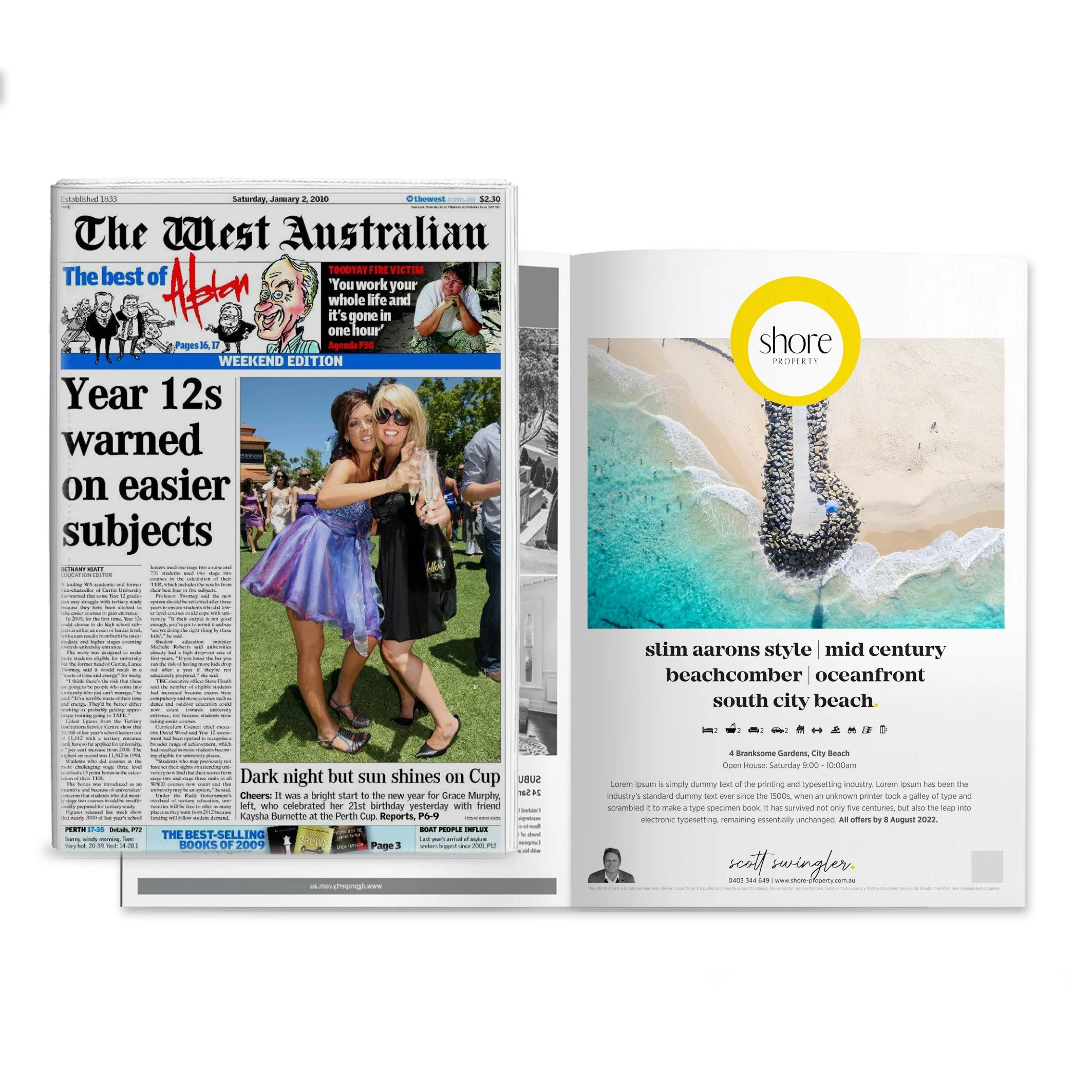 Open magazine with the left page showing a newspaper titled 'The West Australian' and a colorful photo of two women at an outdoor event. The right page displays an aerial photo of a beach with a pier extending into the water, alongside text about a p