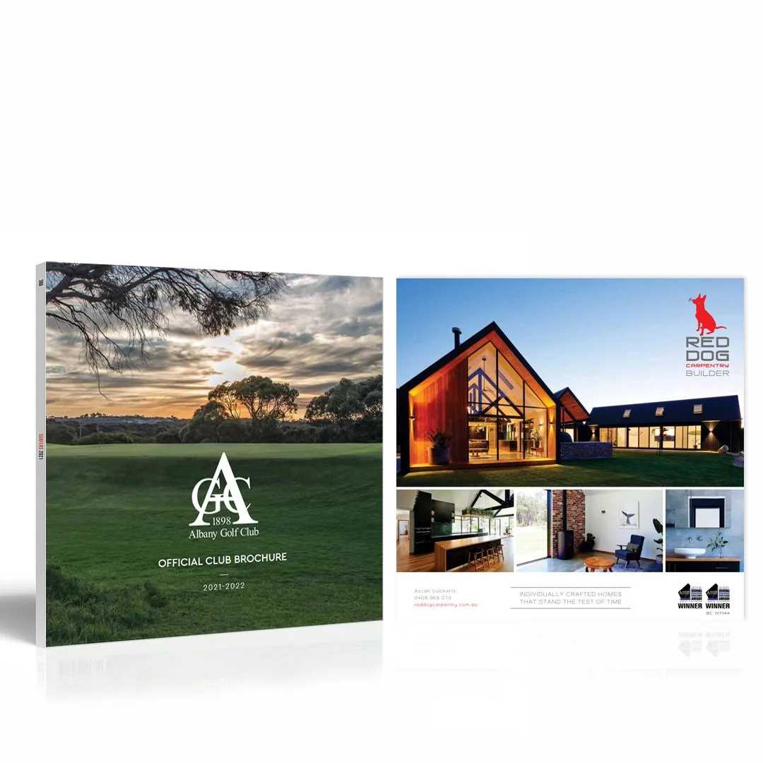 Print ad design, Perth WA. Albany Golf Club and Red Dog Carpentry Builder featuring a golf course sunset, modern house exterior, interior living space, and awards