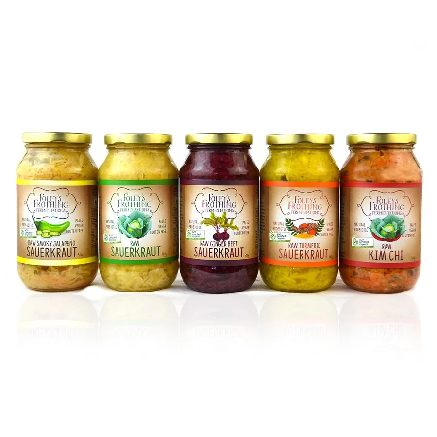 Foley's Frothing Fermentations, based in Dunsborough WA, is a grassroots sauerkraut brand crafting wild-fermented krauts into delicious jars of gut goodness. Sea Pixel was invited to design the labels, using bold colours for flavour distinction and s