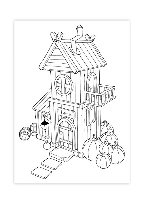 Line art drawing of a small wooden house with pumpkins, barrels, and bottles around it.
