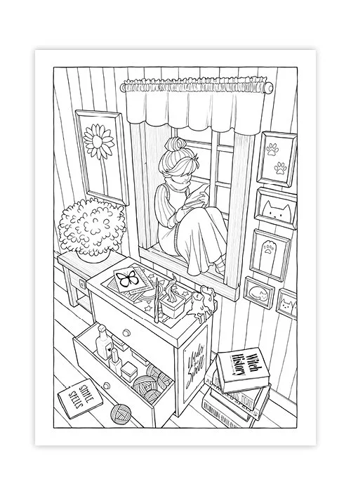 A girl sitting on a window seat reading a book inside a cozy room with framed artwork, books, and decorative items.