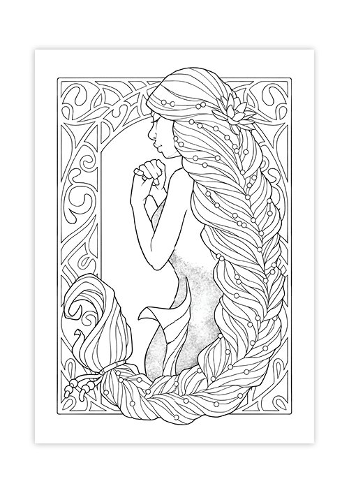 Line art illustration of a mermaid with long flowing hair adorned with beads and a flower, surrounded by an ornate decorative border. The mermaid is holding her hands together, positioned in profile.