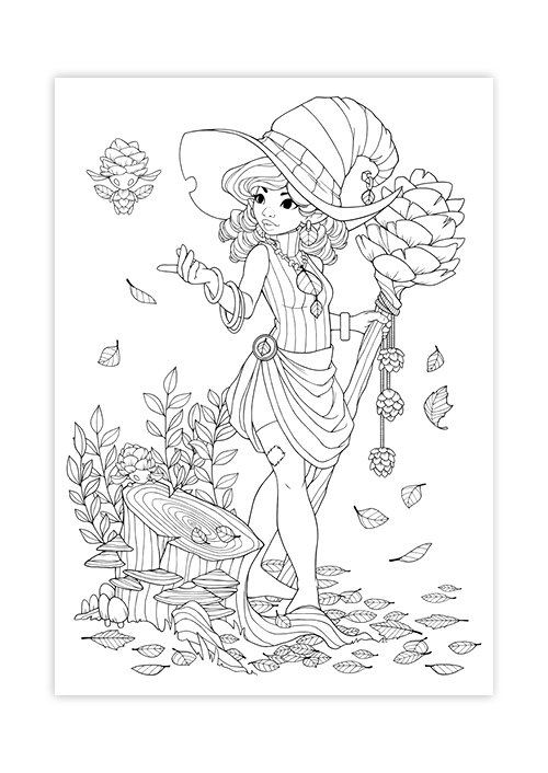 Illustration of a woodland witch in a striped dress and large hat, holding a large pine cone scepter. She stands beside a tree stump with mushrooms and leaves scattered around. Floating leaves and pine cone fairies add to the autumnal feel.