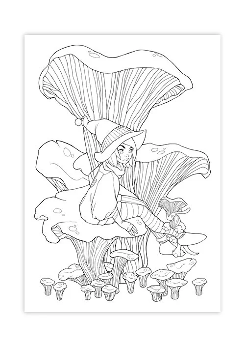 Illustrated woodland witch sitting on a large mushroom.