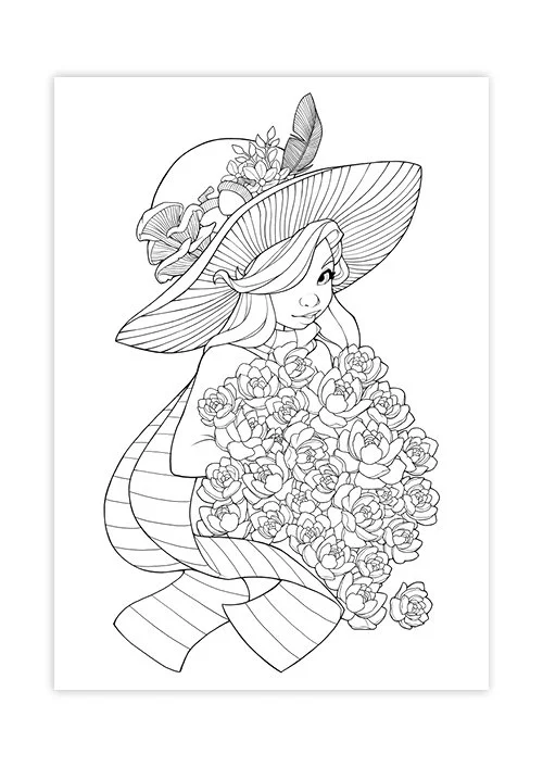 Line art of a witch with long hair wearing a large brimmed hat adorned with flowers and feathers, holding a large bouquet of flowers.