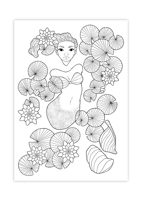 Illustration of a mermaid with long hair among water lilies.