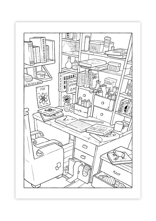 Black and white illustration of a cluttered study or craft room with bookshelves, a desk covered in books and papers, a comfortable chair, storage drawers, and various decorative items like a frog and a teddy bear.