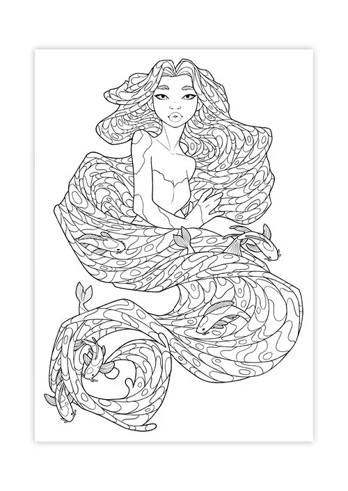 Black and white illustration of a mermaid with flowing hair intertwined with koi fish.