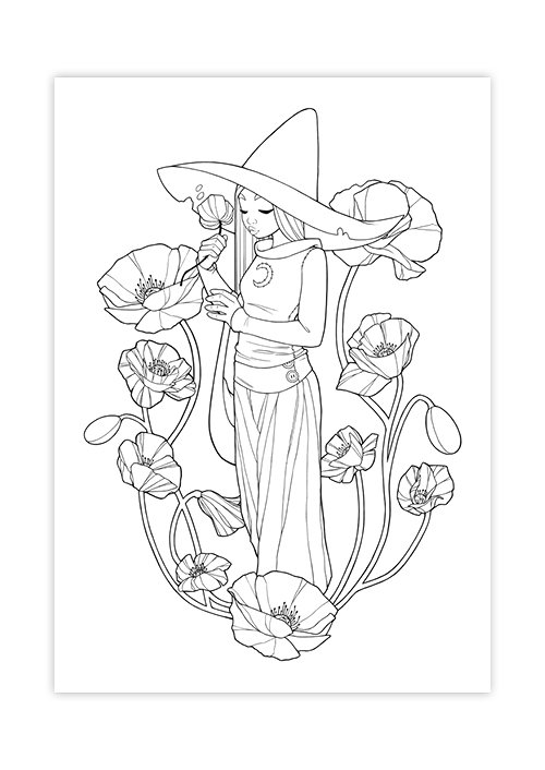 A young witch wearing a large pointed hat, flowy pants, and a top with a crescent moon symbol, surrounded by large poppy flowers.