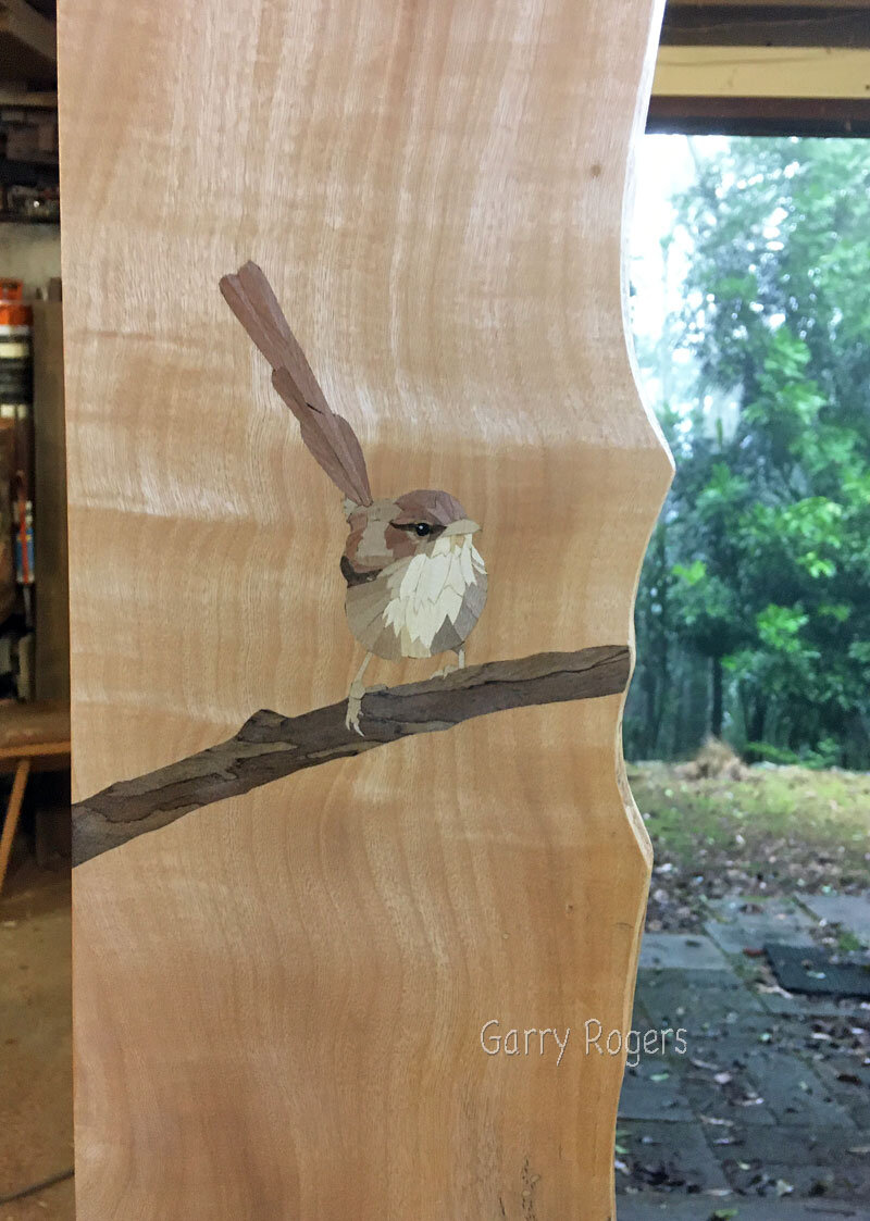 Female Red-backed Fairy wren Jacaranda mirror. A few veneers here are Orange, Leatherwood, Spalted Tuckeroo and Black heart Sassafras.