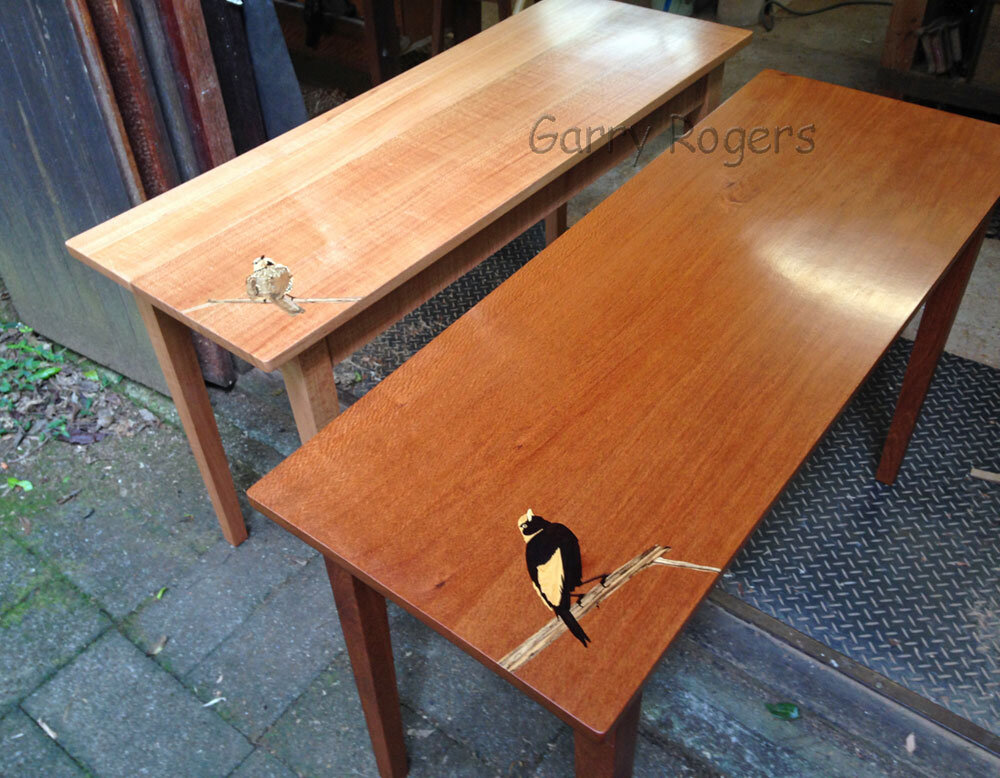 A beautiful pair of tables in contrasting silky-oak. The male regent is in the darker recycled northern Silky. The female is in the lighter reclaimed southern Silky. These were constructed a little wider than the standard hall table to accommodate my