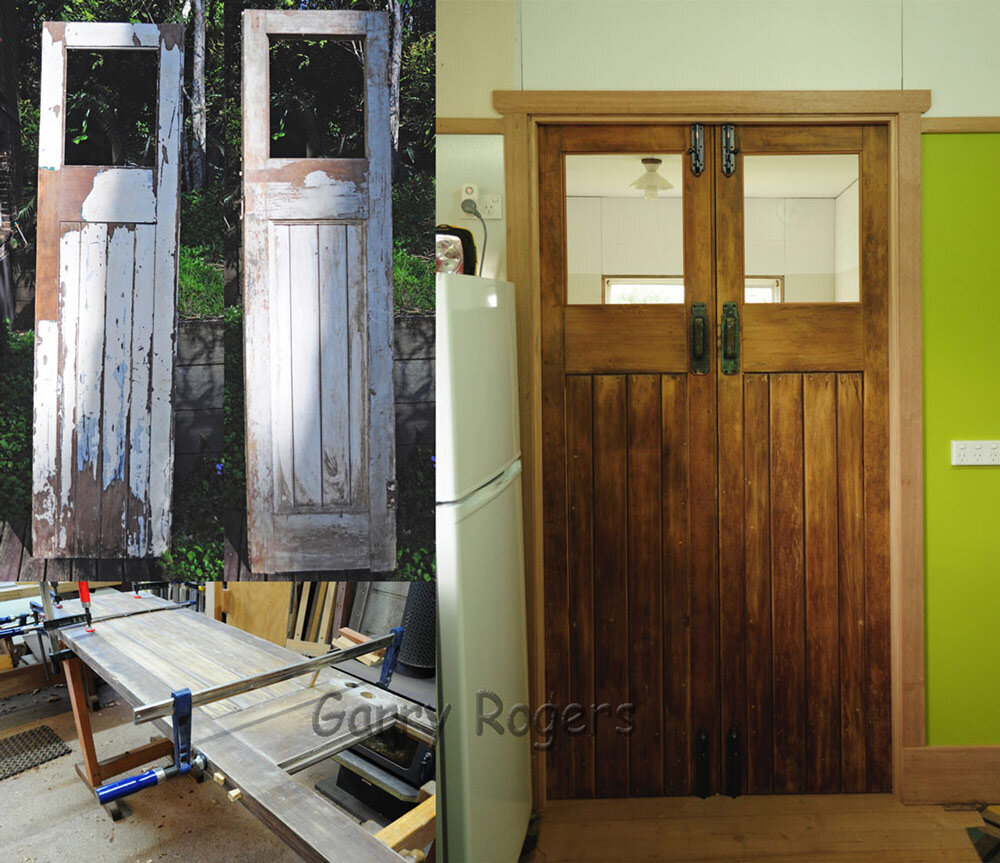 These old garage doors were rescued from the local tip. They were striped restored and new glass fitted. They then found a new home between a kitchen and laundry.