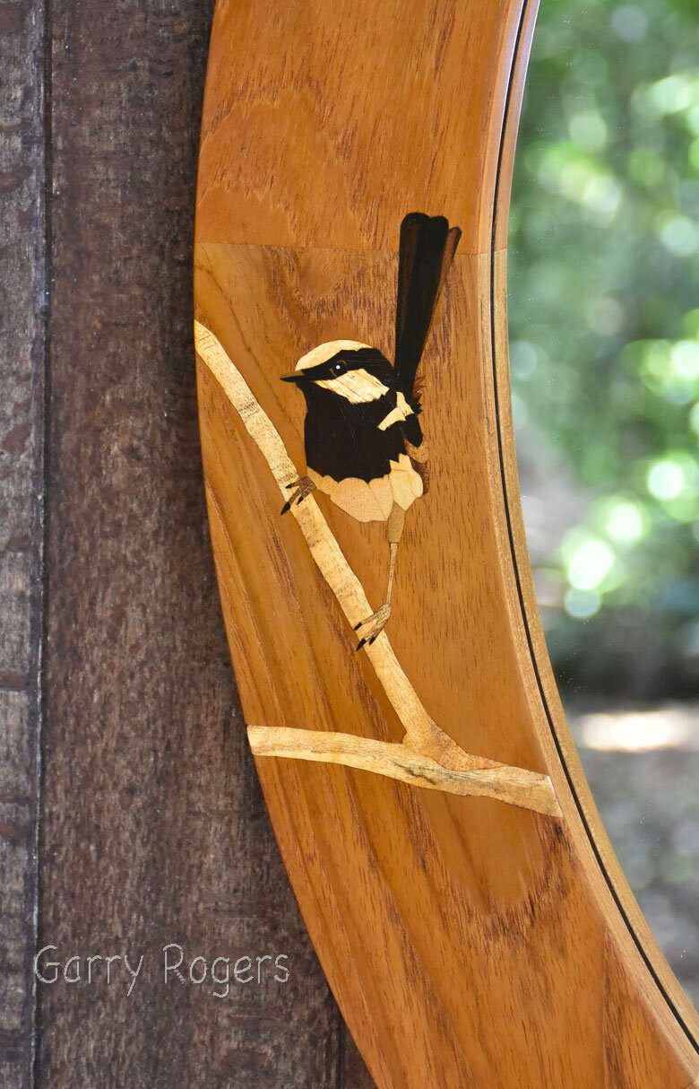 Male Superb Fairy Wren inlay. Some of the veneers here are Black heart sassafras, Ebony, Camphor-laurel and Sycamore.