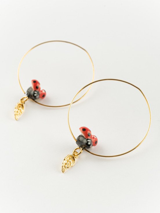 Earrings Ladybug & leaf small hoops