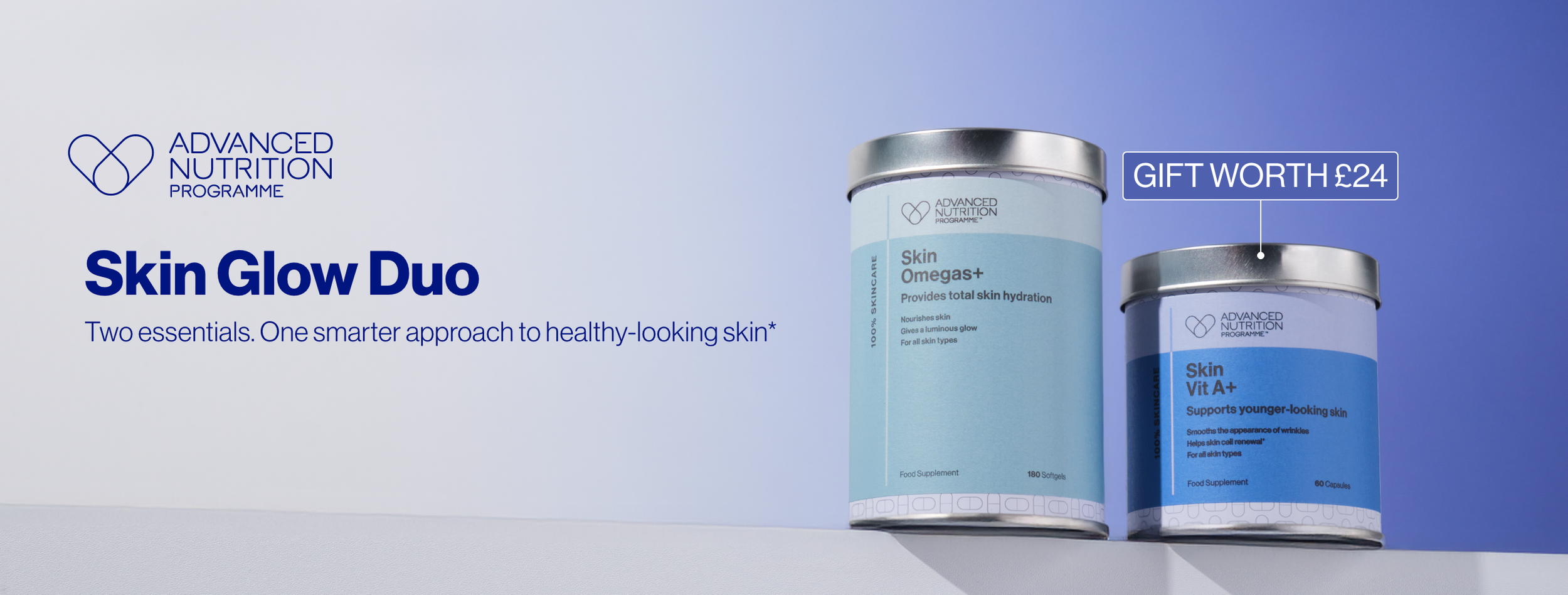 Advanced Nutrition Programme Skin Glow Duo featuring Skin Omegas+ and Skin Vit A+ supplements to support hydrated, healthy-looking skin | Milk & Honey Belfast