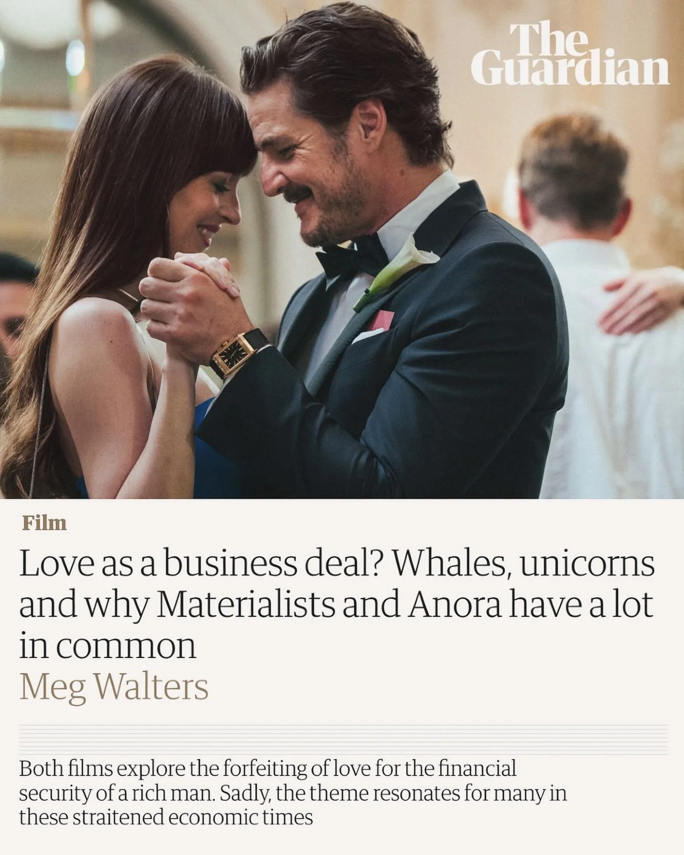 she’s in the @guardian today! wrote about @materialists and @anorafilm and how @helloellephanta and @bakermovies capture the changing face of love for a generation who are seemingly more money-obsessed than ever. so, really fun stuff!! popping