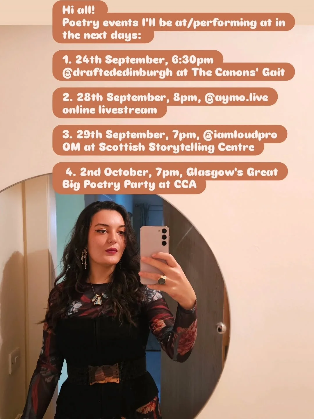 Come along for words!

1. 24th September, 6:30pm, @draftededinburgh at The Canons' Gait
2. 28th September, 8pm, @aymo.live online livestream
3. 29th September, 7pm, @iamloudpro OM at Scottish Storytelling Centre 
4. 2nd October, 7pm, Glasgow's Great 