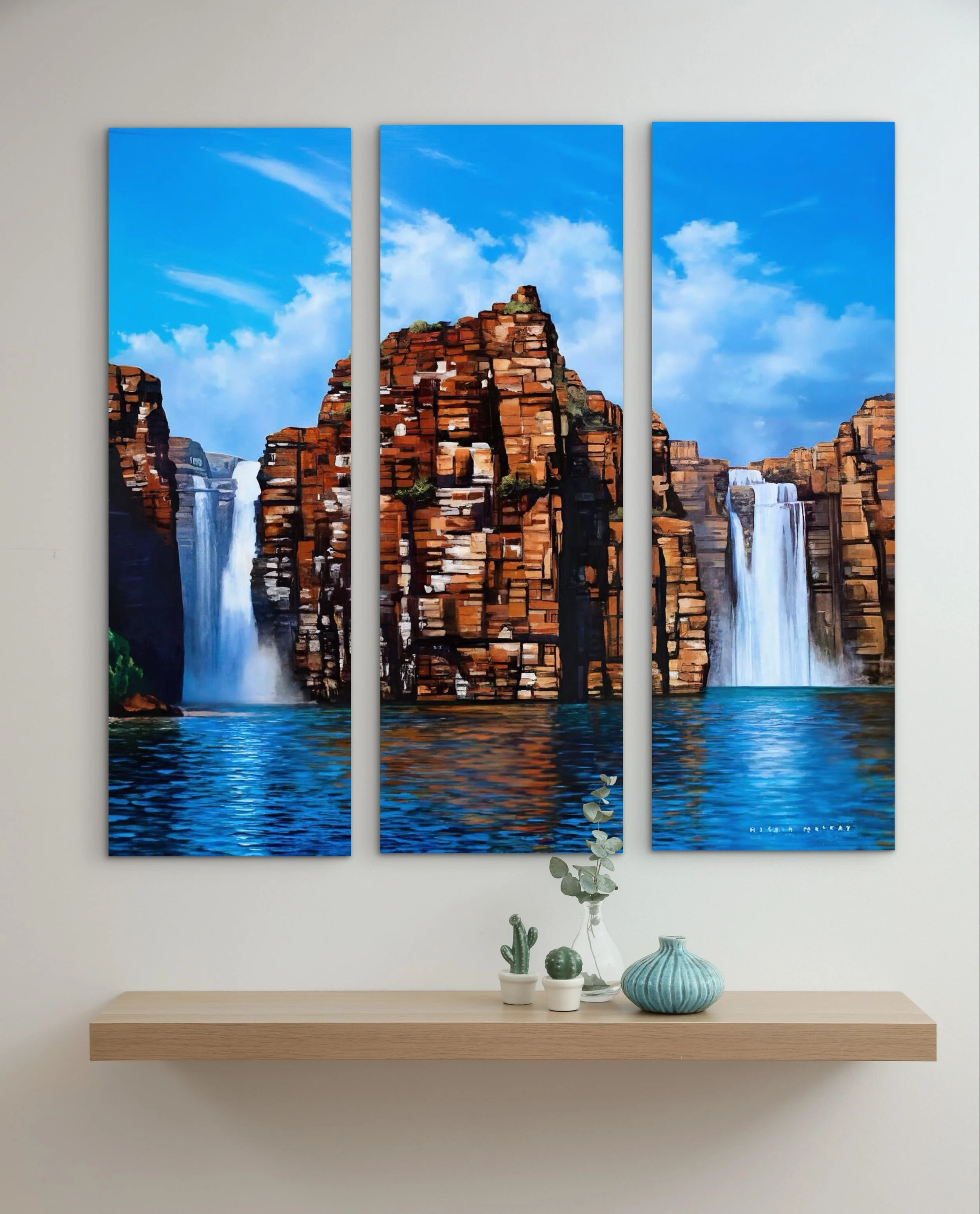 Landscape painting in panels of a waterfall