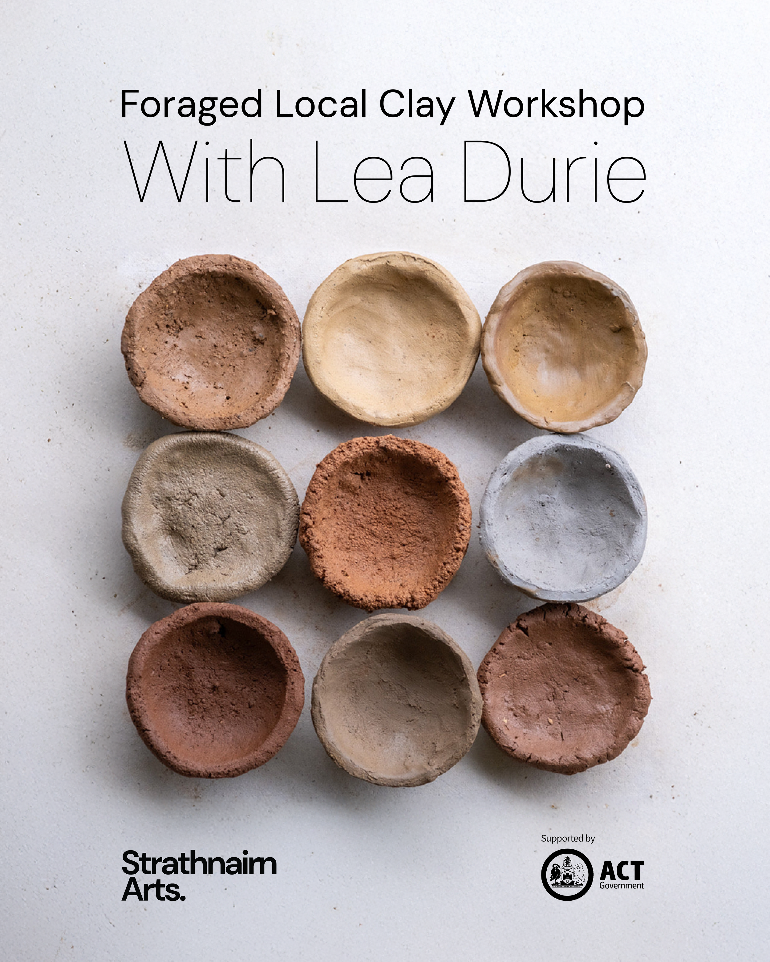 Nine small ceramic bowls made from different clays in a variety of shades of brown, terracotta and grey. 