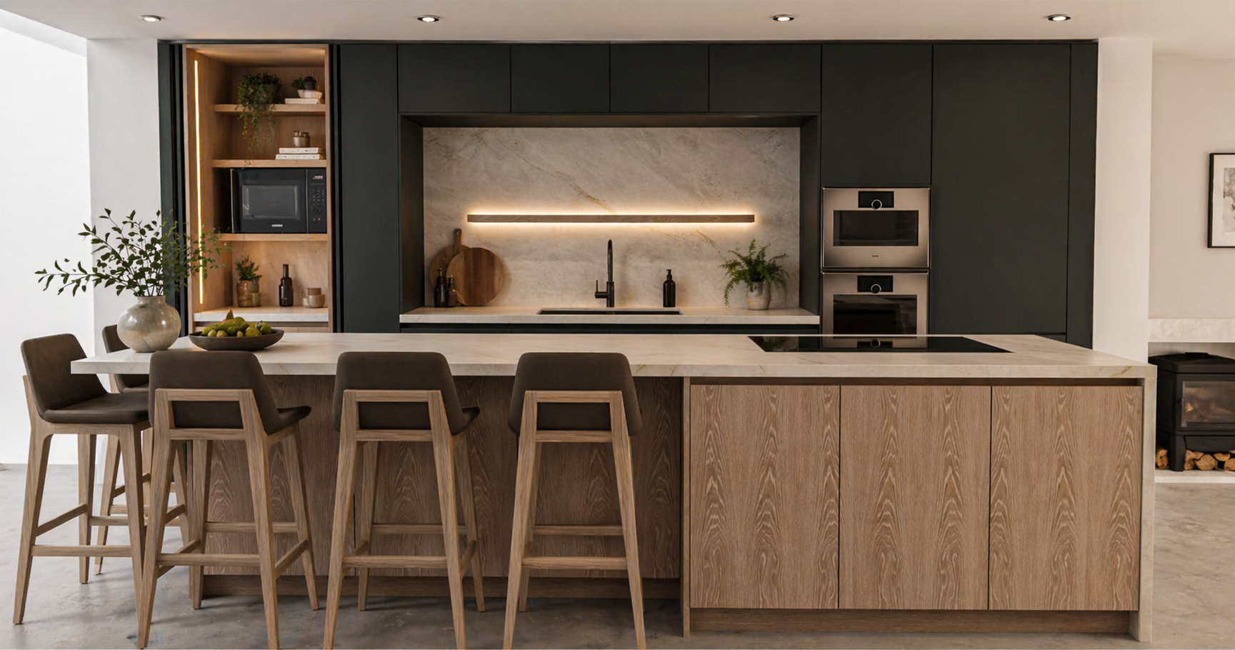 Modern kitchen with a large island, four wooden stools, black cabinetry, built-in oven, microwave, and a marble backsplash with a sleek design.