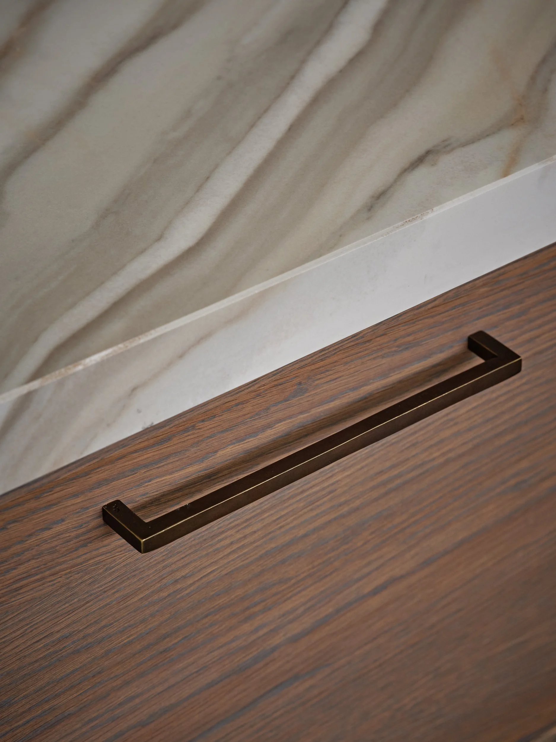 Micro shaker Kitchen, oak veneered cabinet with Jolie sand cast bronze handle. 